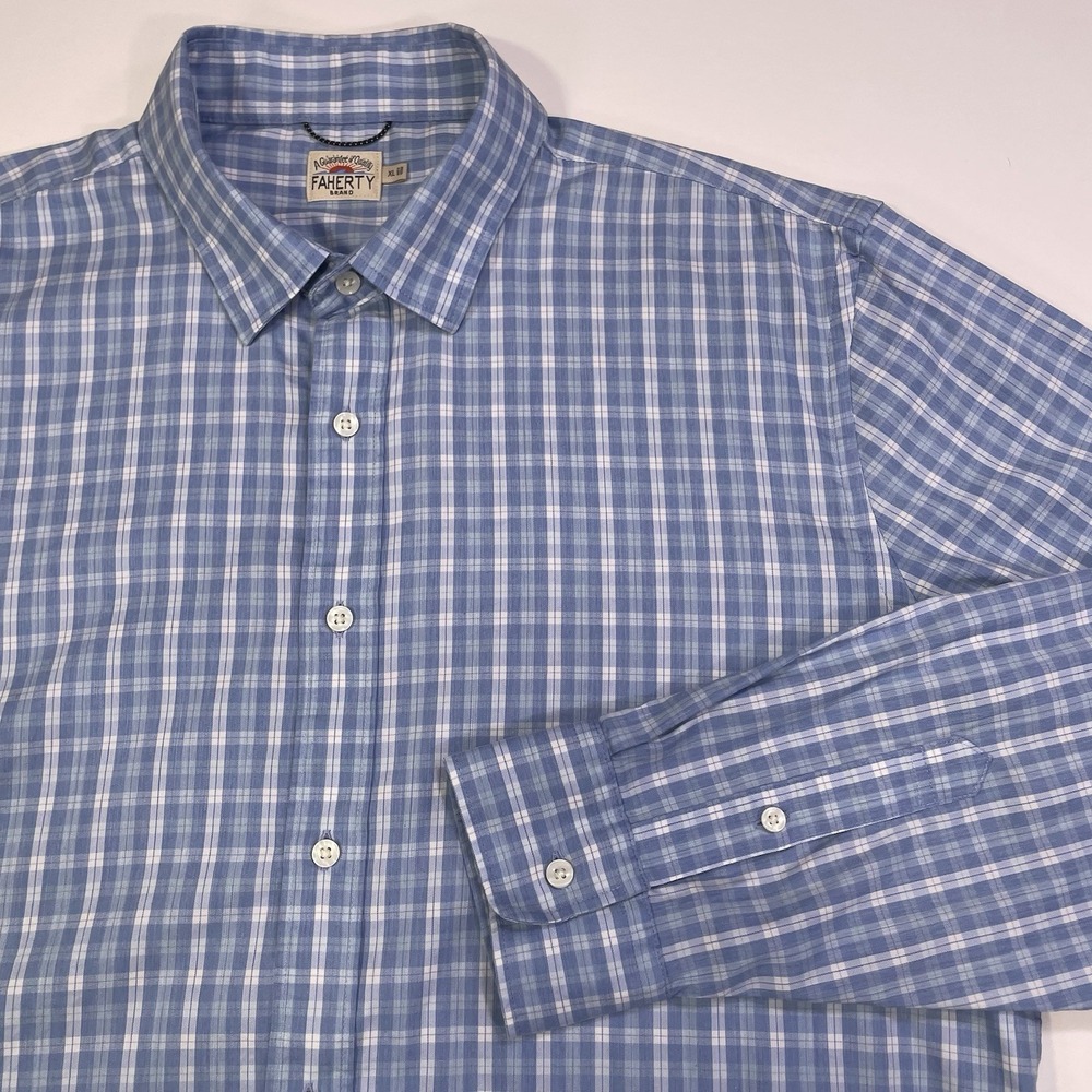 Faherty Button Down Shirt Men's XL Long Sleeve Plaid Pocket Collar Casual Blue
